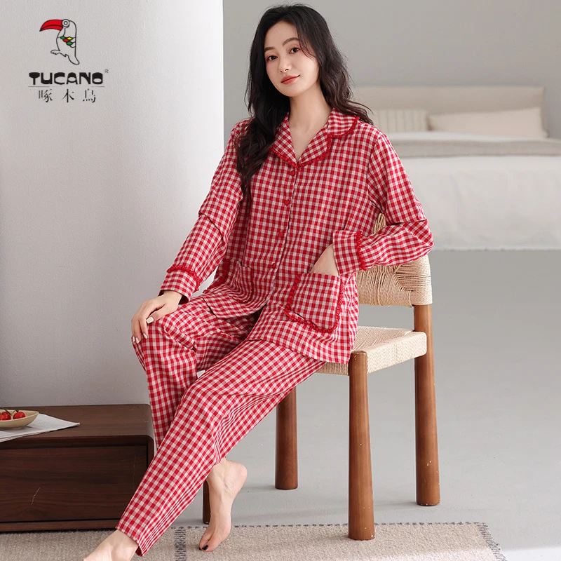 啄木鸟带胸垫一体睡衣女梭织纯棉红色格子长袖开衫宽松家居服套装