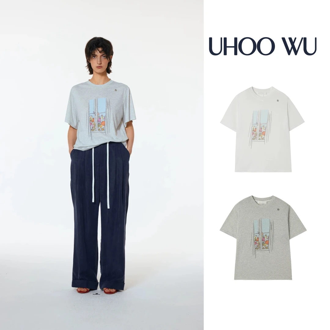 “UHOOWU”设计师品牌亚麻天丝印花T恤——黑鸭子买手店