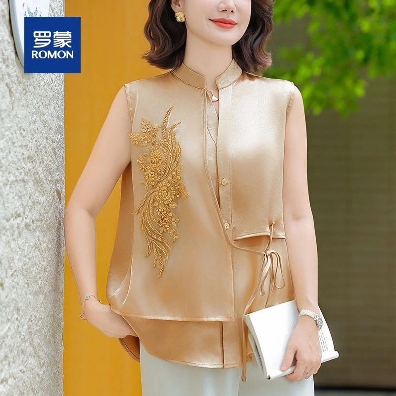 罗蒙母亲节奶奶夏装绣花衬衫女高端中老年阔太太洋气休闲薄款小衫