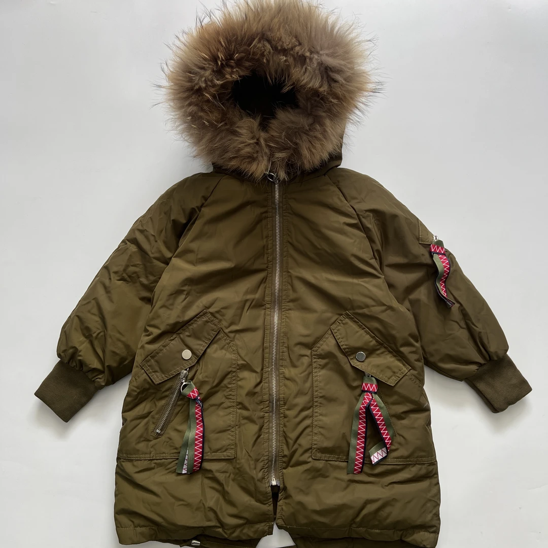 Y1405帽子大毛领军绿冬季加厚童装绿色棉服欧美风中长款韩版工装