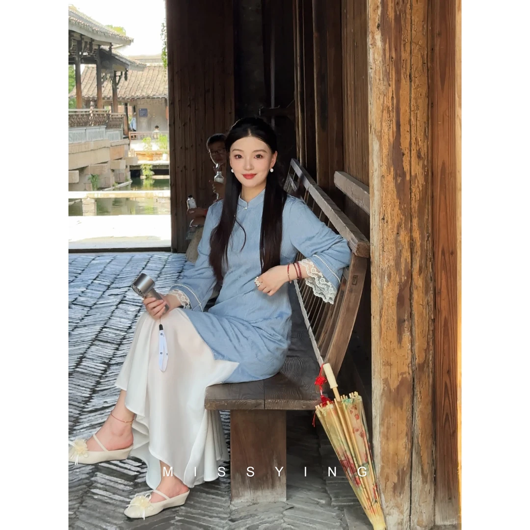 茶茶【清澜佳人】显瘦假俩件清冷感改良版国风中国风旗袍长袖连衣裙