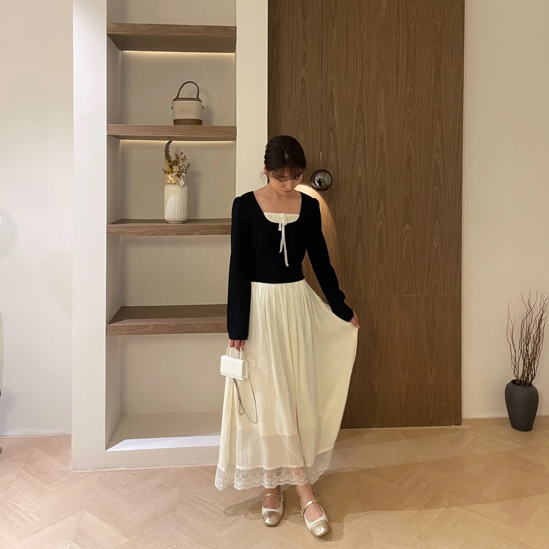 【枫糖黑巧】蕾丝拼接连衣裙长袖法式