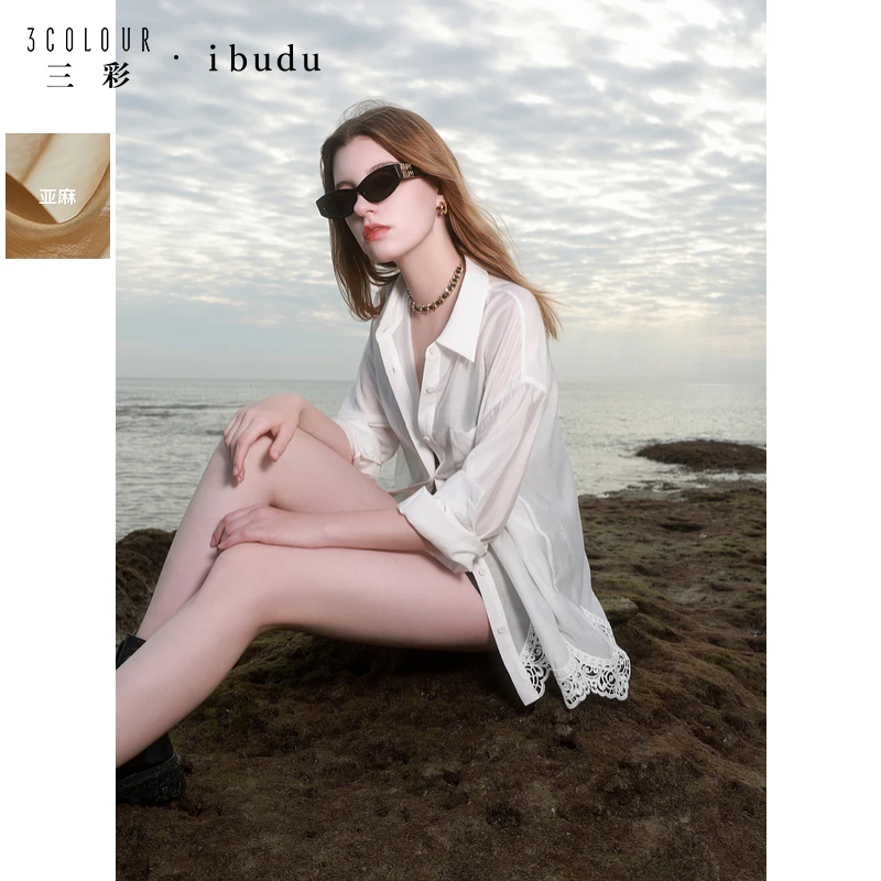 三彩ibudu2025春季新款宽松中长款白衬衫蕾丝花边开衫衬衣上衣