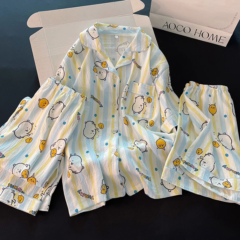 卡通睡衣女新款夏季休闲蓝色短袖短裤长裤学生宽松家居服三件套装