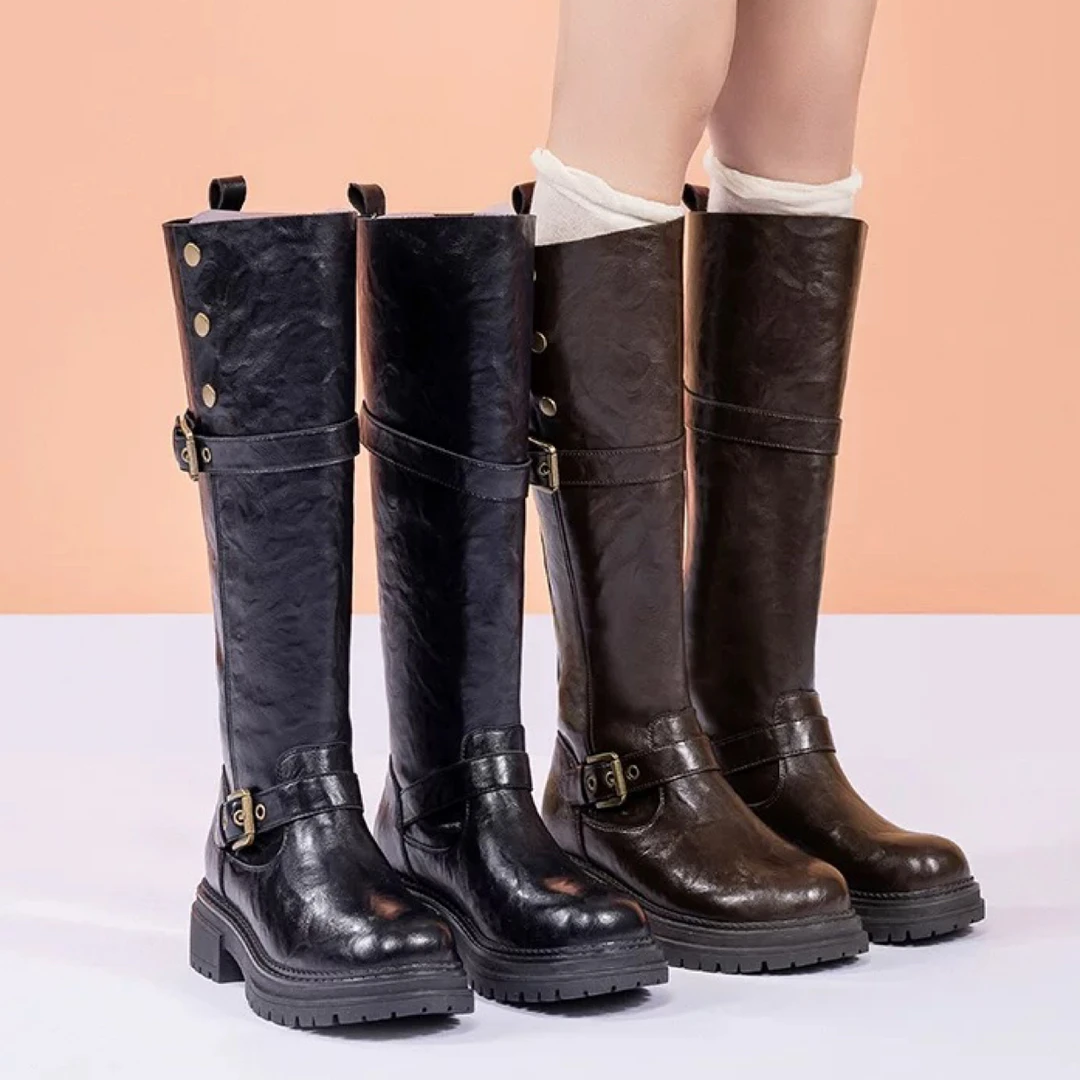 长筒靴女鞋0189冬季新款长筒骑士靴时尚女靴圆头皮带扣厚底24D