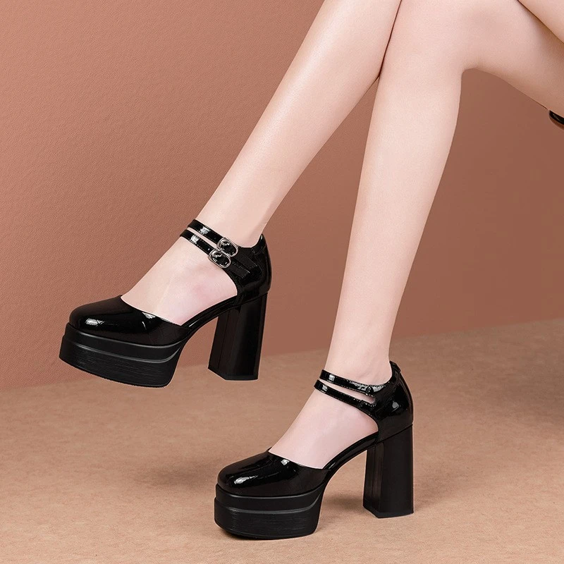 优雅粗跟一字带高跟鞋旗袍模特走秀超高单鞋防水台厚底真皮女凉鞋