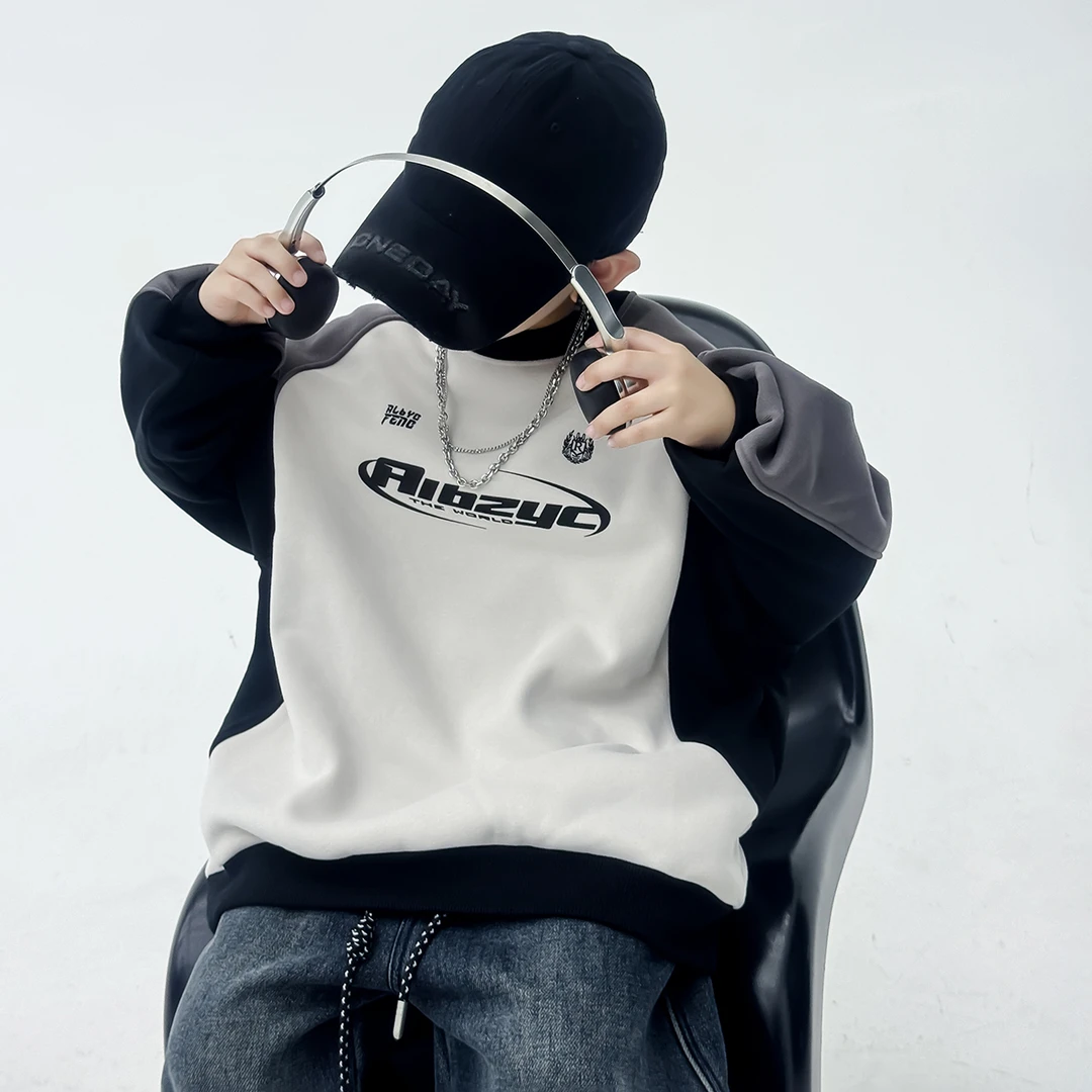 男童美式拼色加绒一体绒卫衣秋冬2025新款儿童加厚保暖上衣中大童