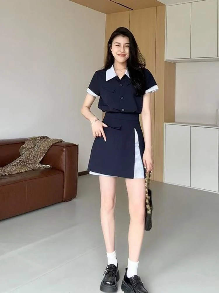 撞色假两件正肩上衣+A字显瘦开叉半裙两件套通勤套装