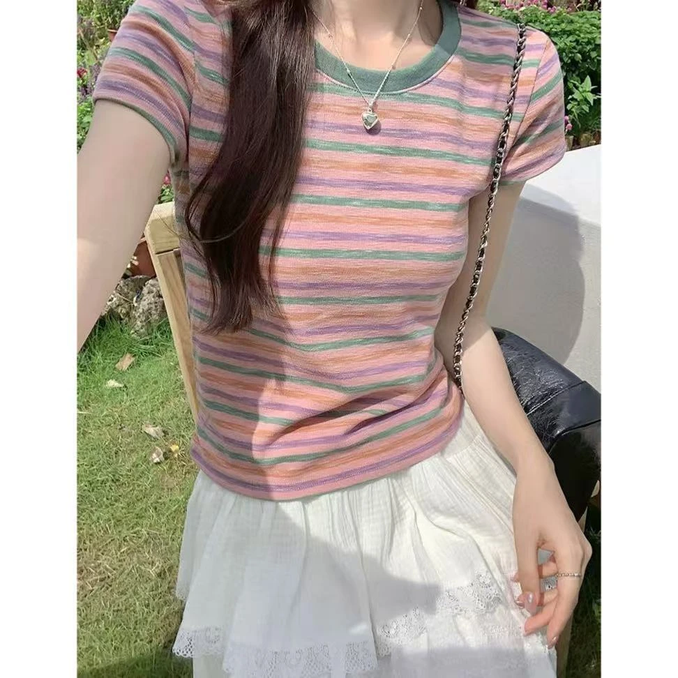 丽丽家~彩条短袖显瘦夏季小众条纹百搭撞色上衣