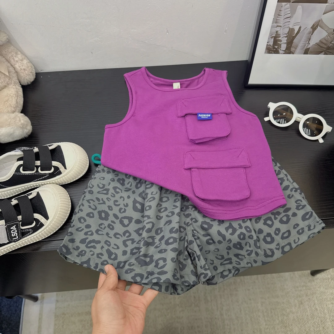 韩国男童2025新款夏套装儿童时髦豹纹短裤宝宝百搭紫色背心两件套