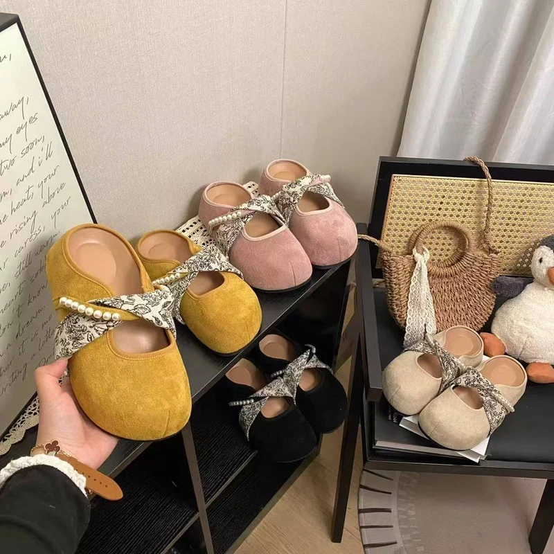 2025春夏新款时尚百搭小珍珠女款法式勃肯鞋小个子增高软底包头拖