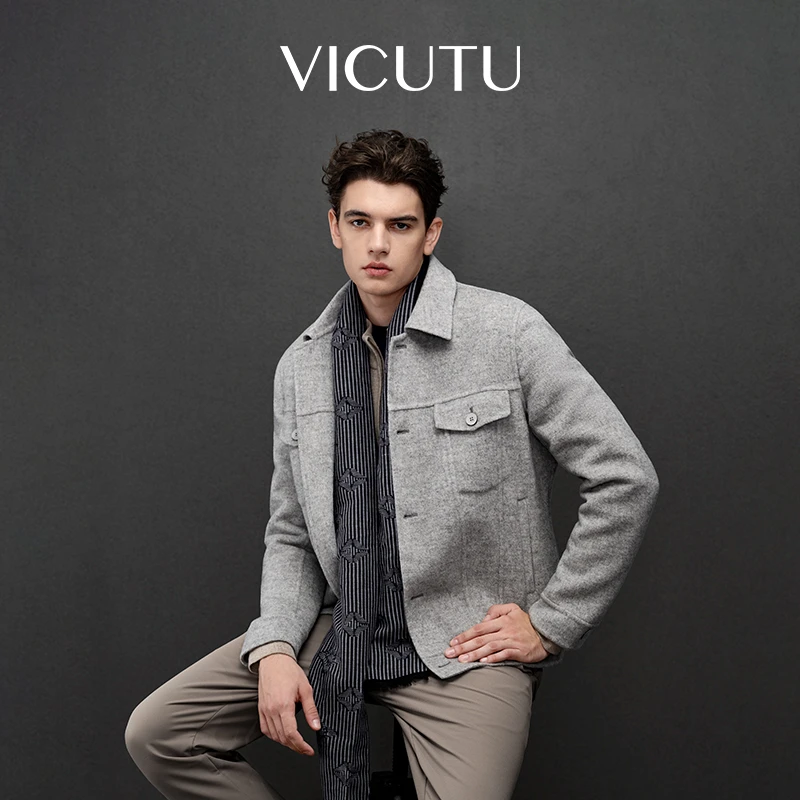 威可多男士大衣男短款绵羊毛修身秋冬休闲外套夹克男翻领男装毛呢