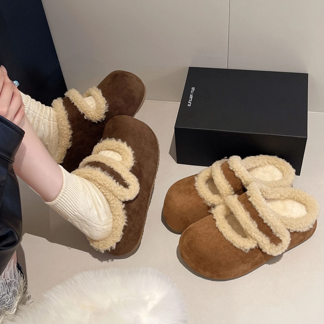 韩版时尚魔术贴勃肯鞋大头鞋女2025秋冬季新款外穿半拖软底毛毛鞋