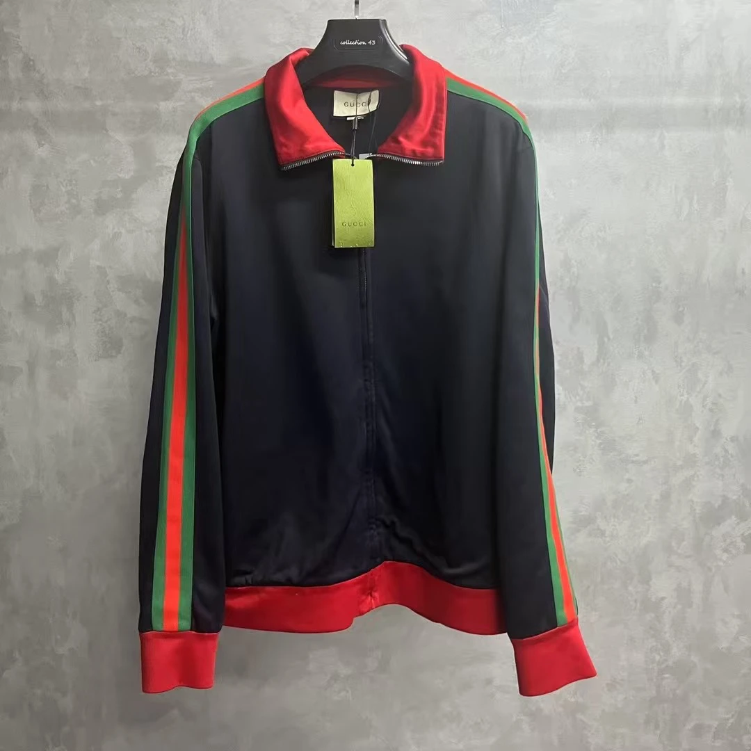 99新 GUCCI/古驰 深蓝色拼色条纹刺绣猫咪翻领运动夹克外套/3xl