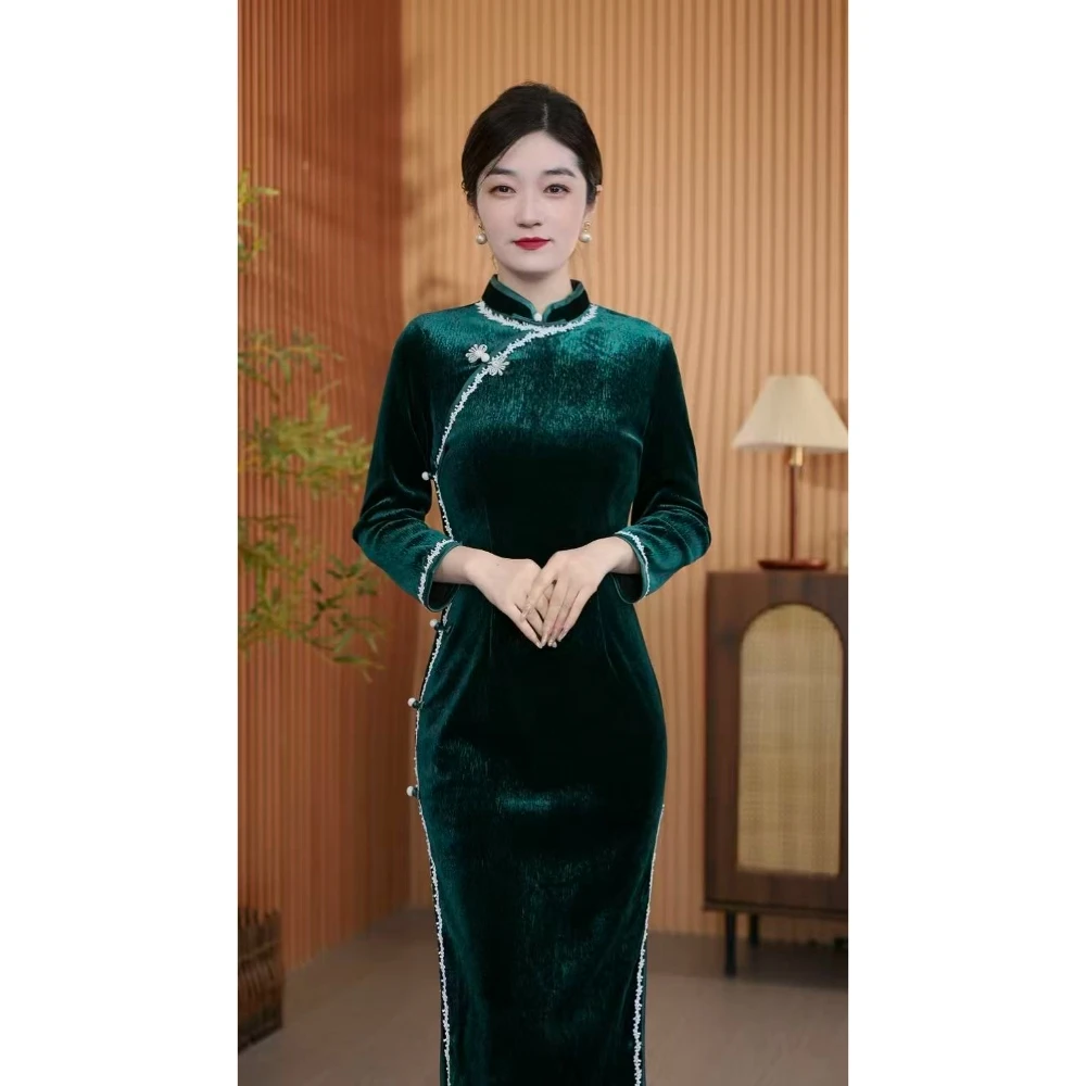【凝妆记】衣长120冬季新款长袖长款显瘦减龄高档旗袍
