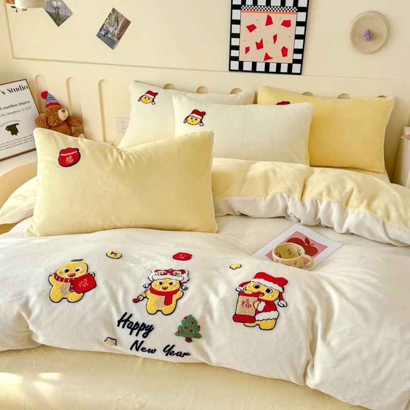 萌萌奶龙冬季A类牛奶绒四件套双面加绒加厚保暖被套床单床笠