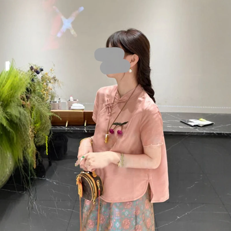 新中式国风两件套欧洲站2025夏季新款纯色立领衬衫高腰印花阔腿裤