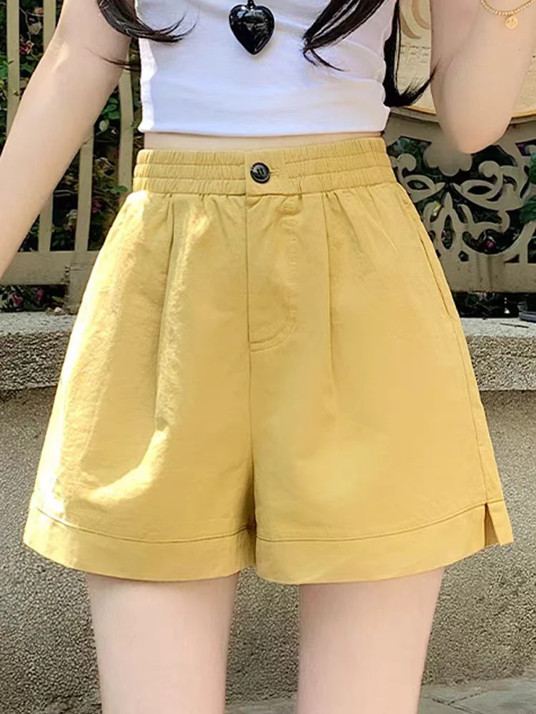 小开叉黄色简约一粒扣阔腿短裤女2025夏季外穿显瘦休闲百搭热裤