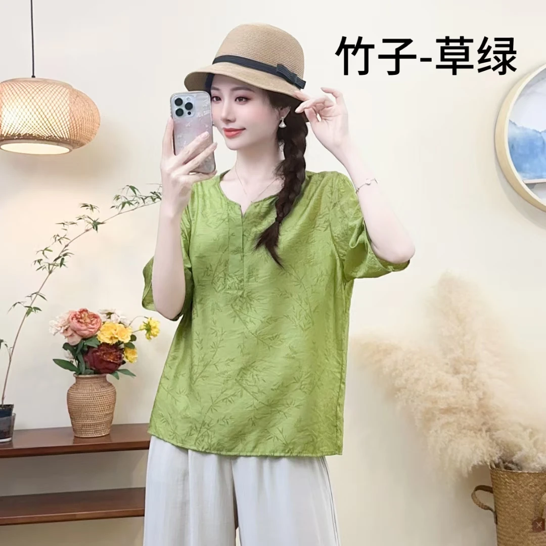 母亲节送妈妈夏季宽松小V领精品印花小衫气质百搭凉快显瘦上衣