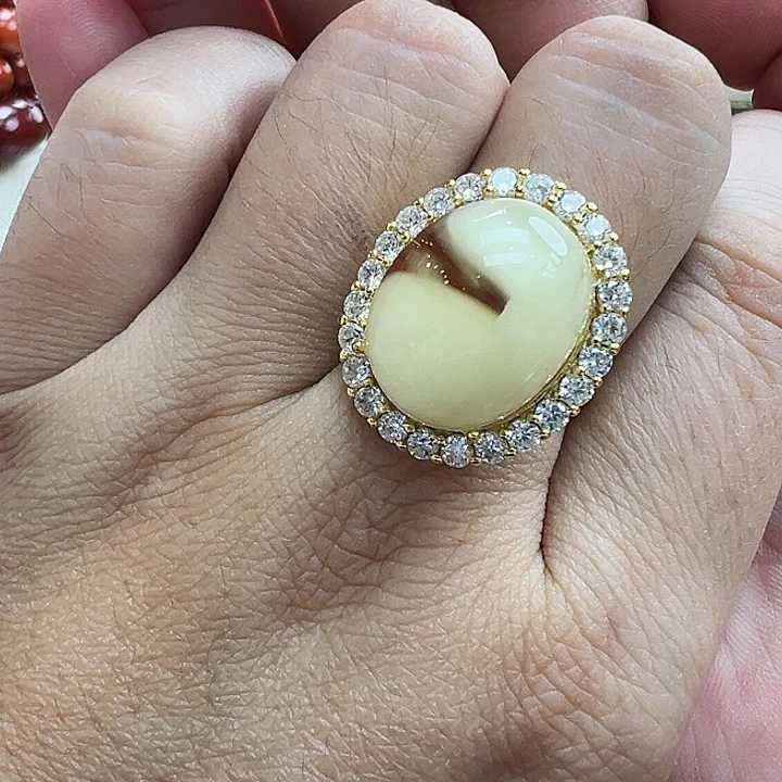 琥珀银S925镶嵌珠宝奇石戒指