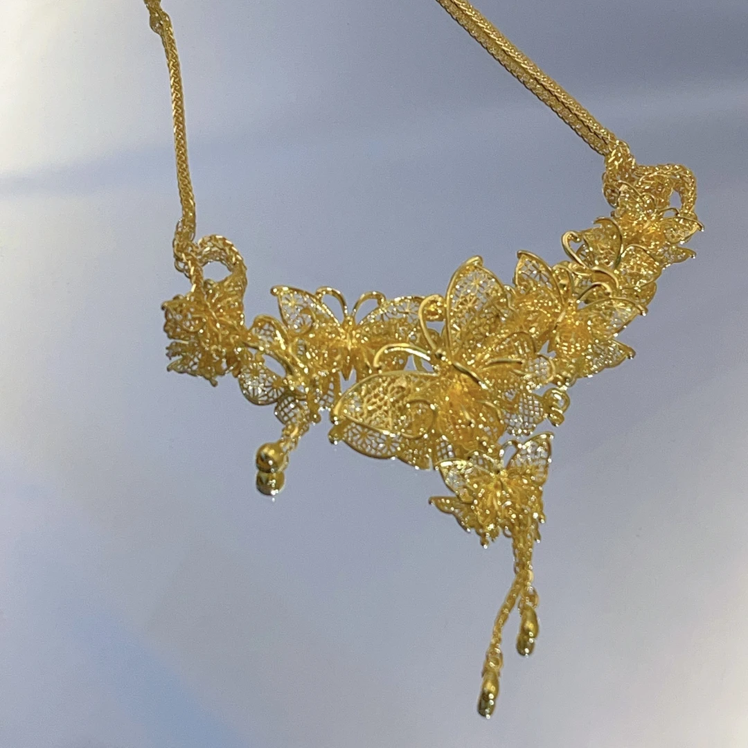 足金999至尊珠宝花丝蝴蝶黄金套链5G精工仙女佩戴