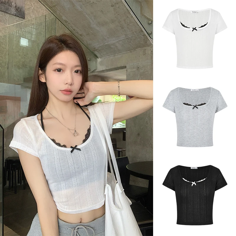 Moses Queen/魔西女王假两件蕾丝拼接短袖T恤纯欲辣妹短款上衣