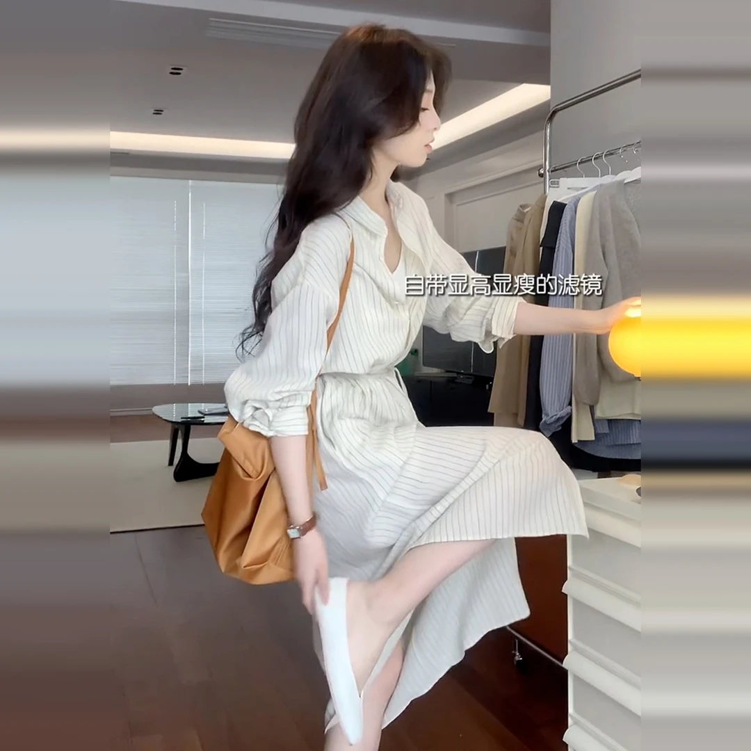 早秋长袖衬衫连衣裙女装初秋季2025大方得体绝美高级感长裙子6305
