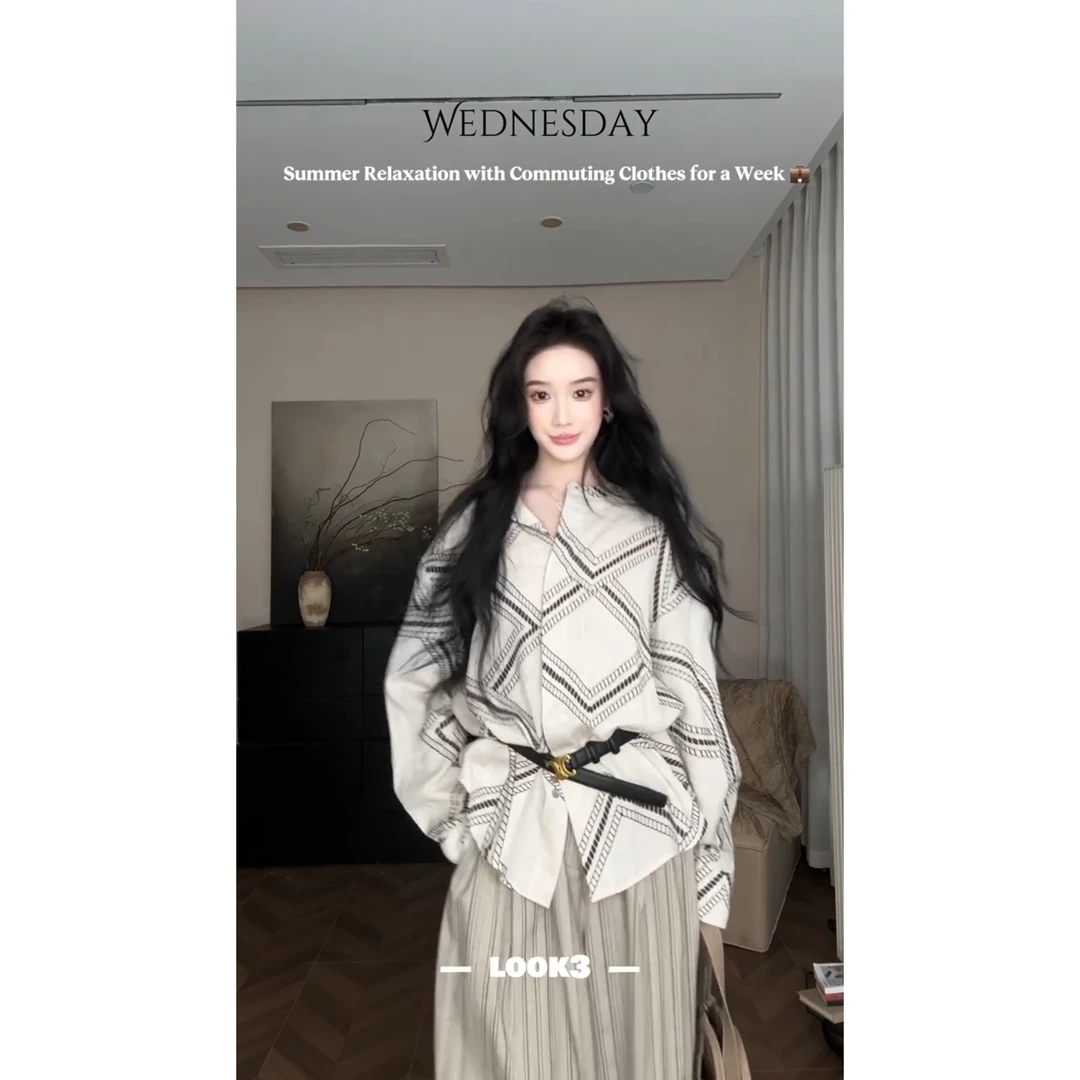 【现货】美式复古衬衫上衣女廓形衬衣开衫休闲百搭上衣休闲长裤套装