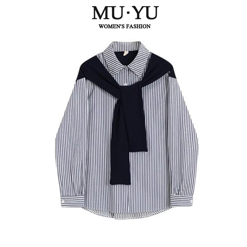 假两件洋气条纹长袖衬衫2025秋季新款时尚设计感拼接显瘦百搭衬衣