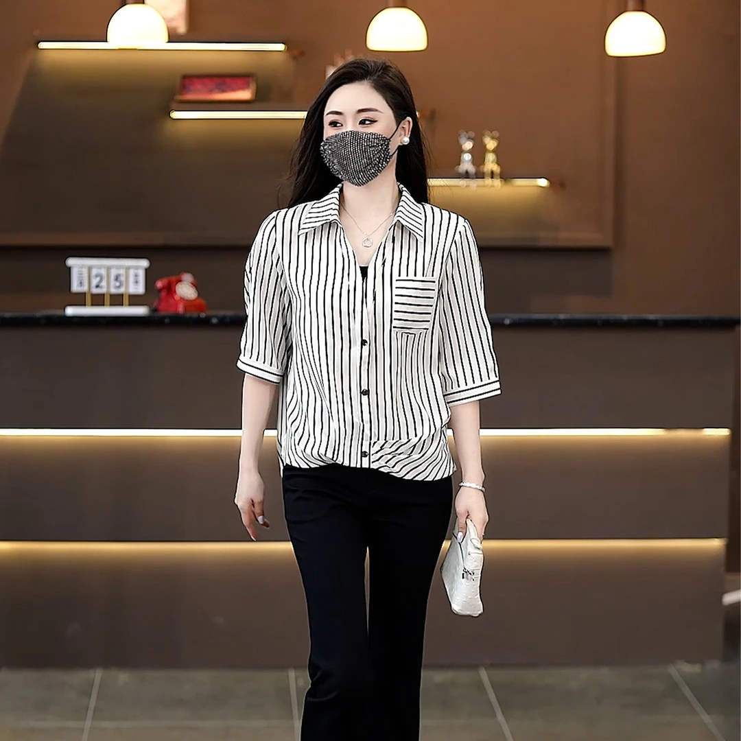 时尚洋气假两件条纹衬衫女春夏新款宽松遮肚子显瘦衬衣百搭上衣潮