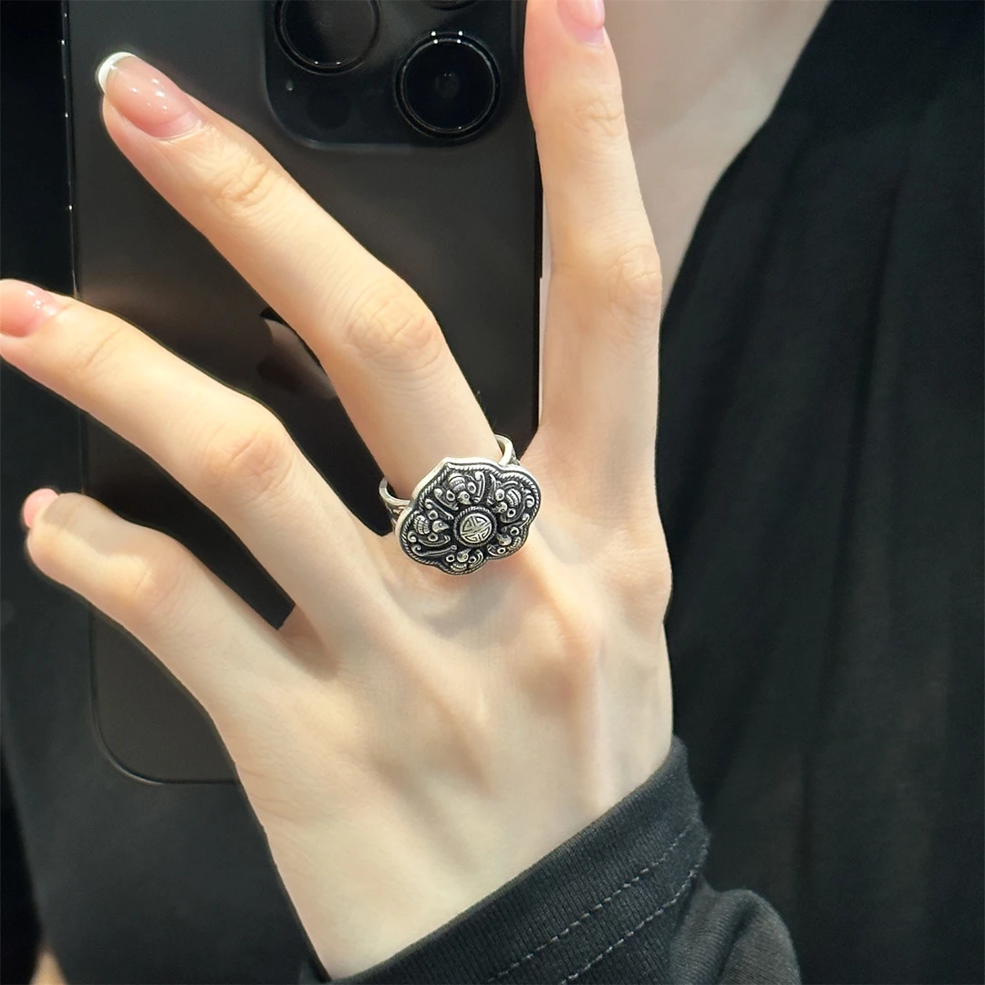 足银戒指 J12771 蝙蝠如意祥云做旧复古银戒指女新中式百搭民族风
