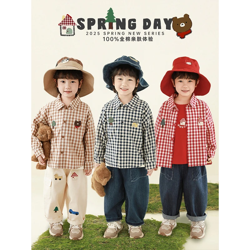 YOEHYAUL/幼悠春叁波【文艺色织格子 】卡通贴布绣100棉衬衫N5690