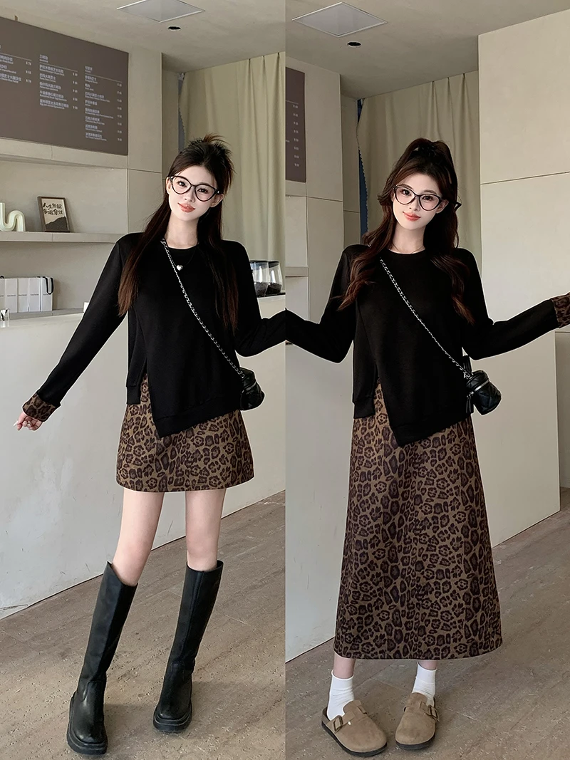 2025秋季大码女时尚不规则上衣豹纹长短裙套装 20718+20722+20719