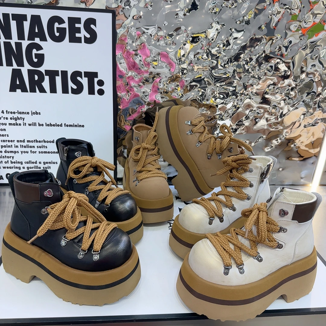 欧货金属擦色马丁靴系带厚底松糕机车靴短靴小个子辣妹风工装女鞋