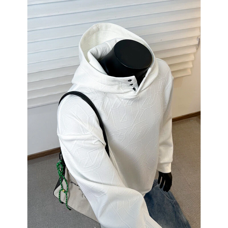 白色压花连帽卫衣男款春秋季排扣设计感运动长袖大码宽松休闲上衣