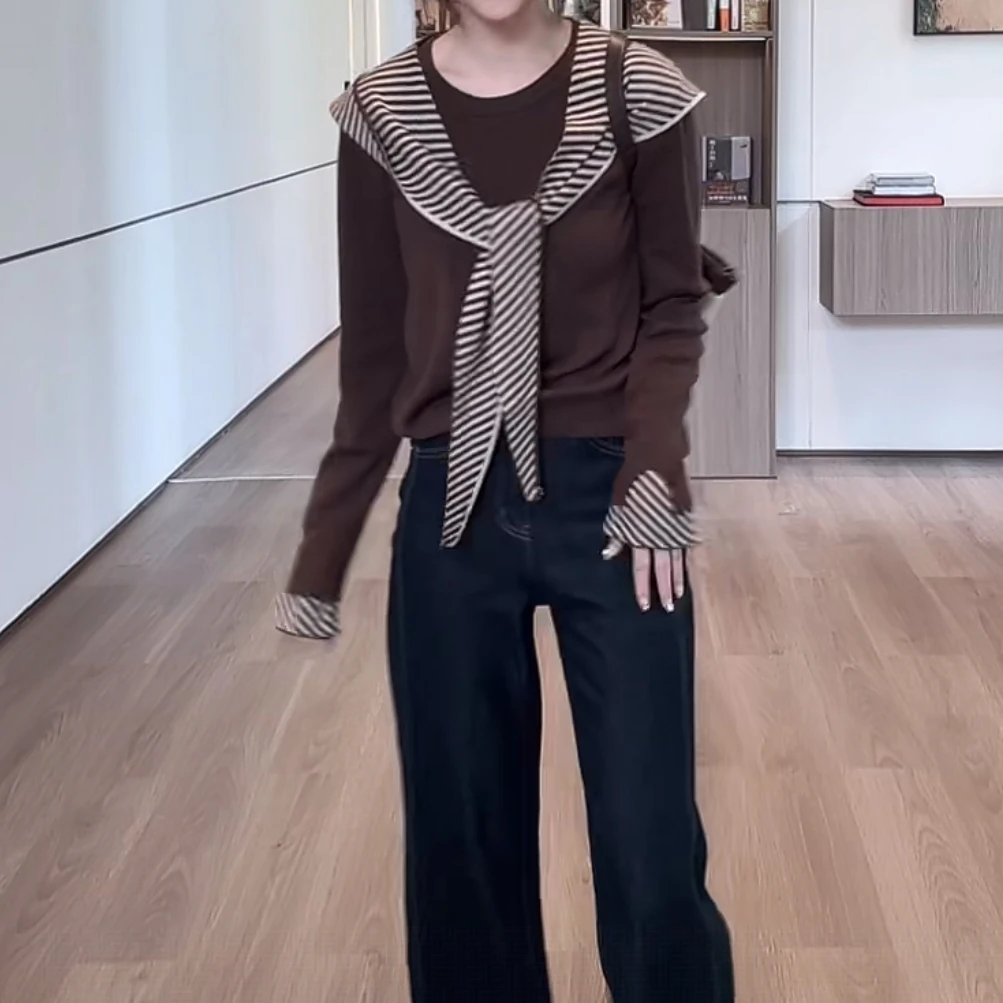 拼接斜条纹袖口长袖针织衫2025夏季新款气质通勤休闲时尚百搭上衣