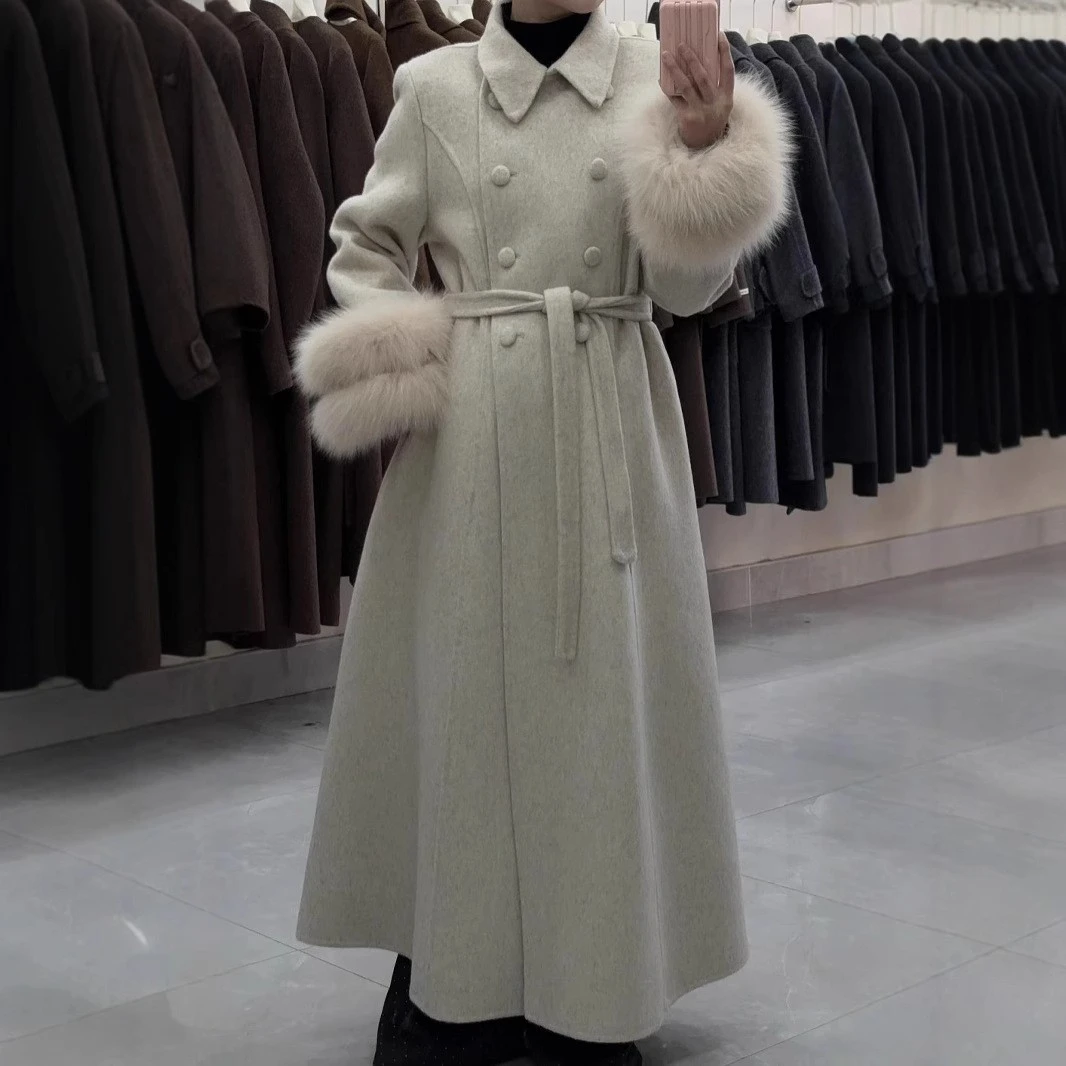 25新款方领包扣双毛袖加长款双面羊毛呢大衣韩系时尚潮流毛呢外套