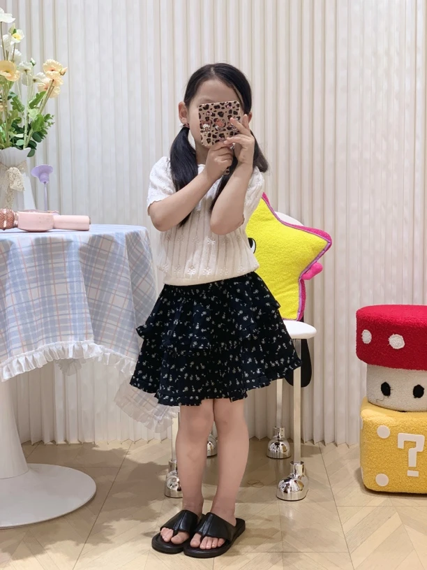 夏季女孩法式木耳边提花镂空针织衫大童儿童夏款纯棉针织衫宝宝