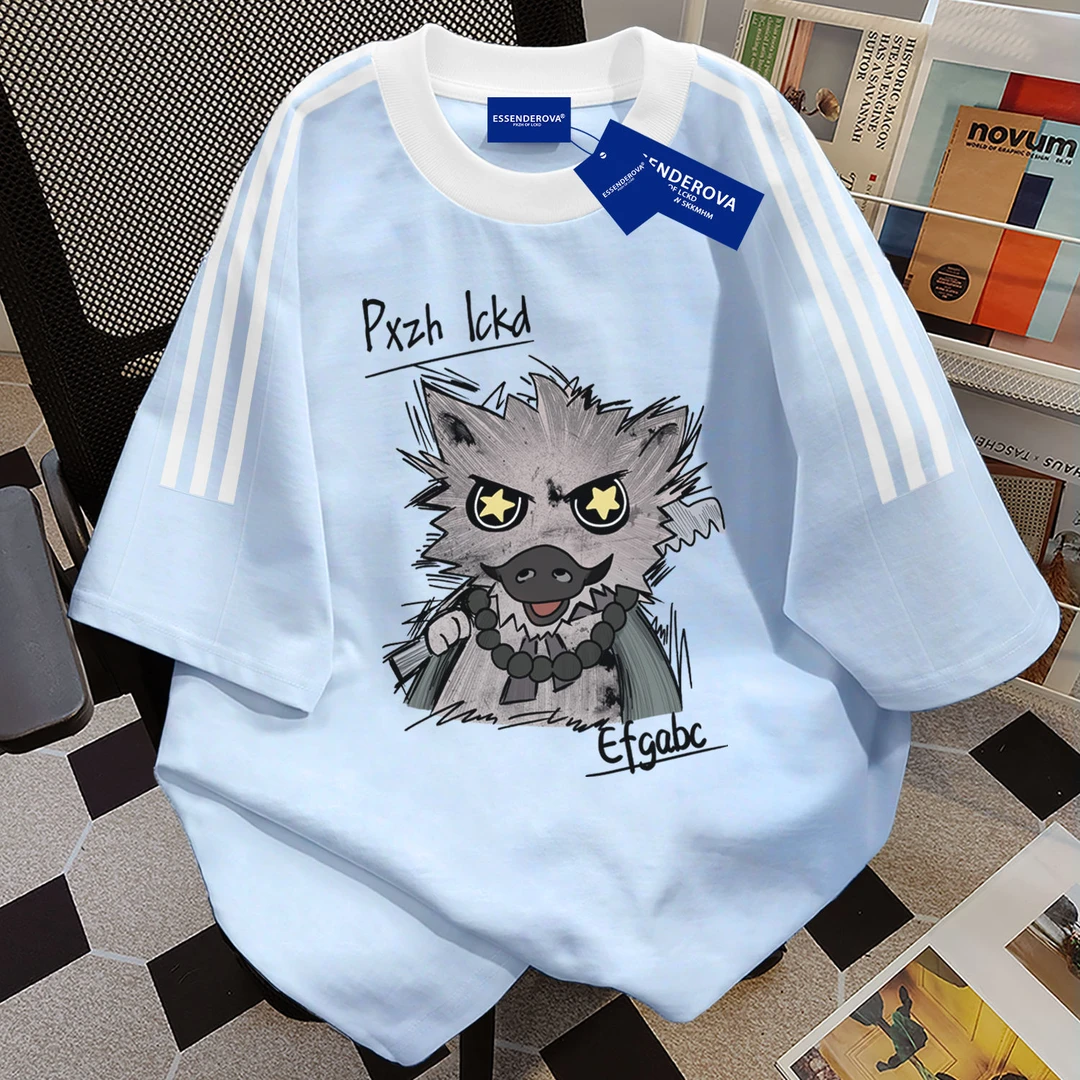 100%纯棉爆款卡通三条杠圆领短袖t恤男女夏季宽松简约情侣上衣ins