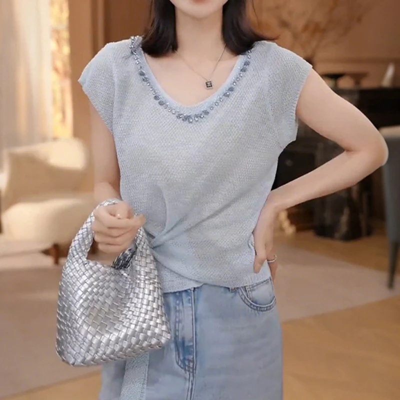 重工串钻亮片设计减龄显瘦系带针织衫轻奢v领大码女装短袖上衣女