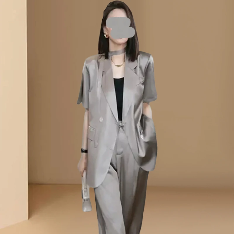 时尚洋气纯色套装2025夏季新款气质西服短袖上衣+阔腿长裤两件套