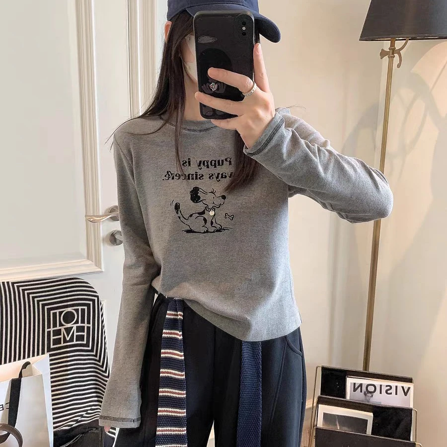 磨毛打底衫女2025秋季新款女韩版字母小狗 印花圆领正肩t恤上衣女