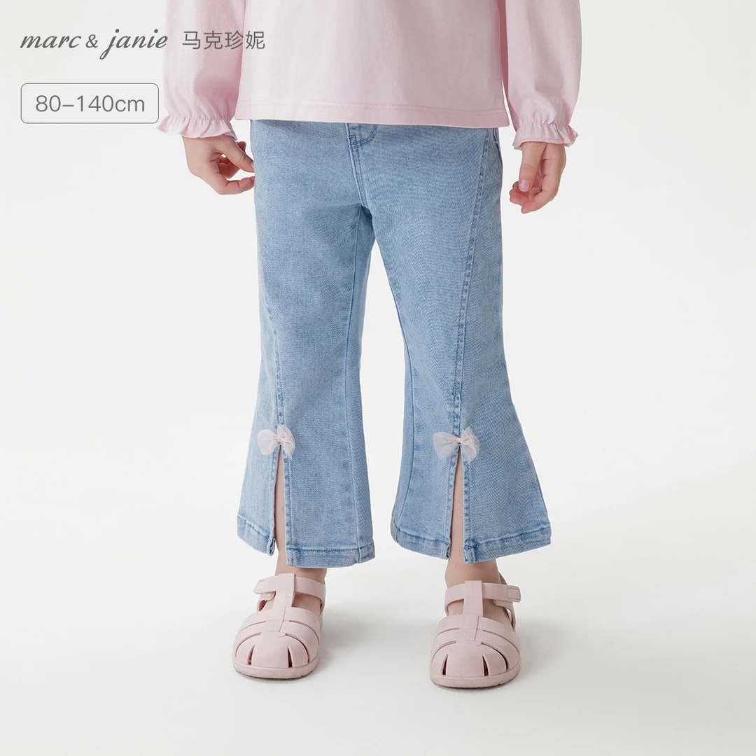 马克珍妮女童蝴蝶结Q弹牛仔喇叭裤 宝宝裤子秋装新款550336