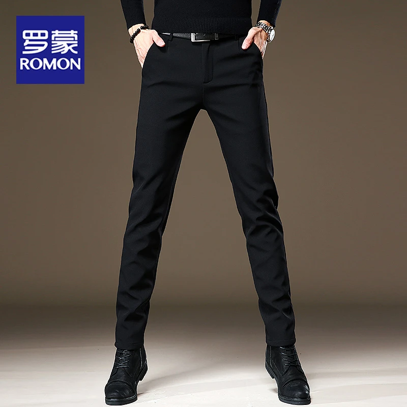 罗蒙男士黑色休闲裤子男款春秋款修身小脚弹力抗皱免烫商务西裤男