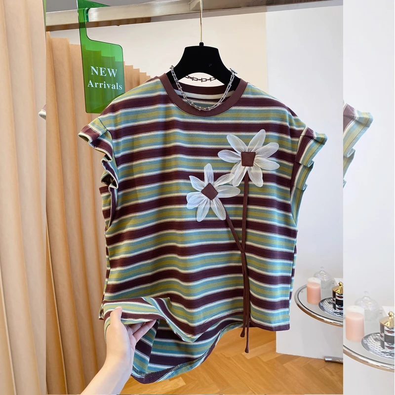夏季撞色条纹立体花朵短袖T恤女法式拼接飞飞袖大码宽松百搭上衣