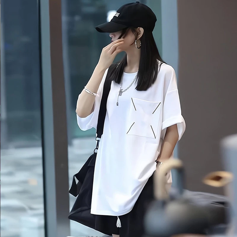 欧货高级白色大版短袖t恤女2025新款夏季宽松中长款薄款体恤上衣