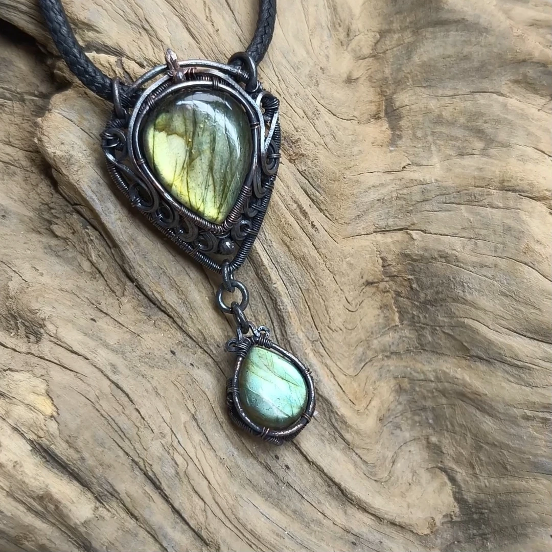 月光石/天河石/长石（处理）纯手工制做紫铜做旧个性吊坠87