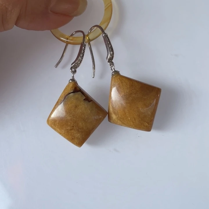 琥珀耳饰未镶嵌根珀棱形耳钩