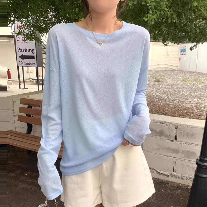 糖果色防晒长袖T恤女2025夏季新款薄款宽松韩版微透空调罩衫上衣