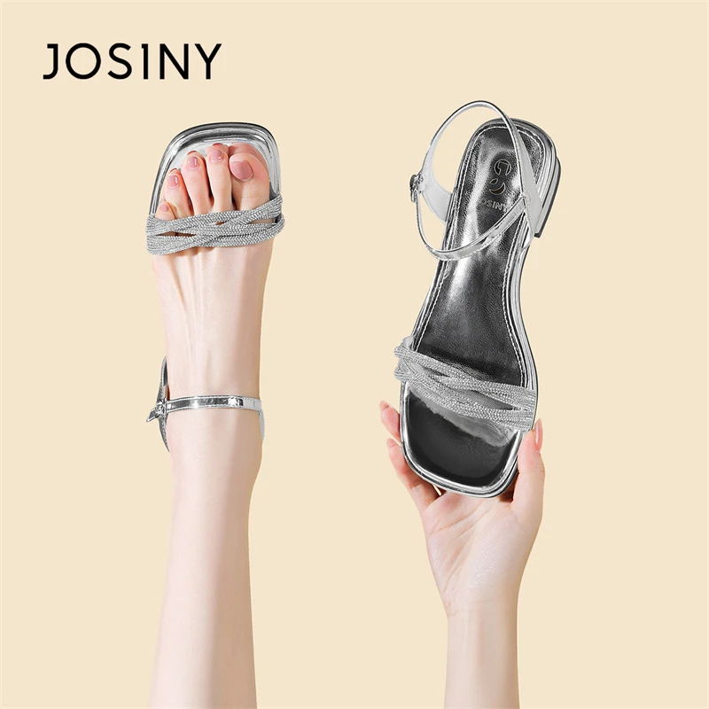 卓诗尼法式凉鞋女款2025新款夏季粗跟一字带配裙子水钻高跟鞋子女